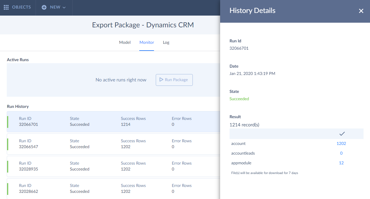 Runs of Export Package
